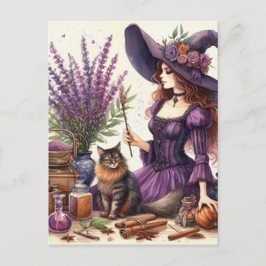 Die wunderschöne Hexe Lila mit Katzenlavender Postkarte (Vorderseite)