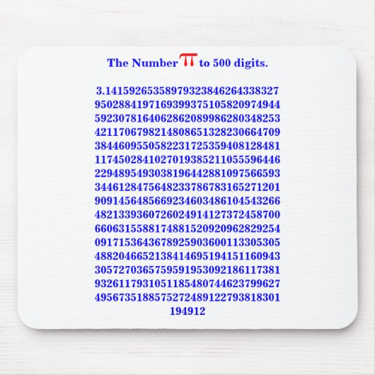 Die Zahl PI auf 500 Ziffern.3.14159... Mousepad (Vorne)