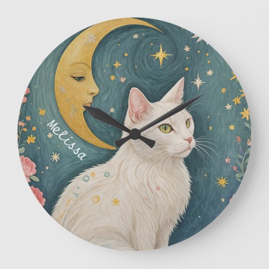 Die zauberhafte weiße Katze mit grünen Augen Große Wanduhr (Vorderseite)