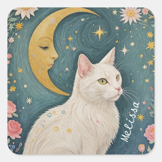 Die zauberhafte weiße Katze mit grünen Augen Quadratischer Aufkleber (Vorderseite)