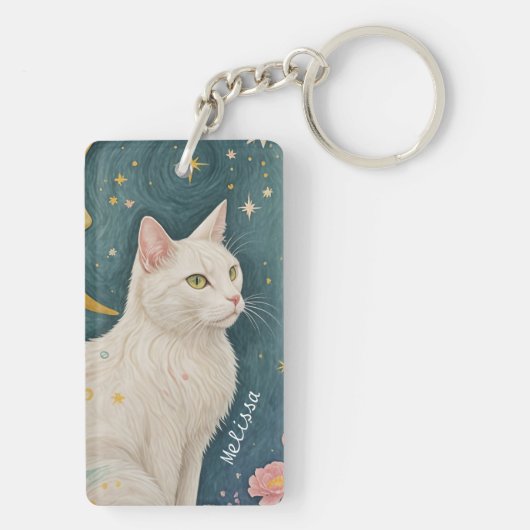 Die zauberhafte weiße Katze mit grünen Augen Schlüsselanhänger (Rückseite)