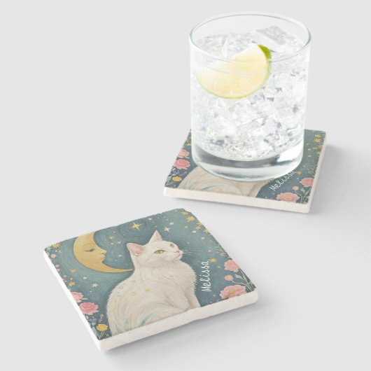 Die zauberhafte weiße Katze mit grünen Augen Steinuntersetzer (Seitenansicht)