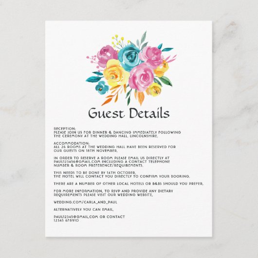 Die Zimmer sind in Türkis, Gelb und Rosa gehalten. Begleitkarte (Vorderseite)