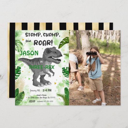 DIE ZIMMER UND DIE ZIMMER. Sein Dinosaurier-Foto Einladung (Vorne/Hinten)