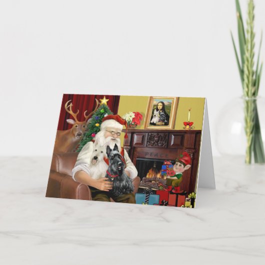 Die zwei schottischen Terrier des Weihnachtsmanns Feiertagskarte (Vorderseite)
