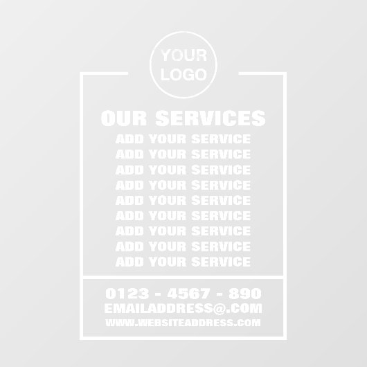 Dienstleistungen, Informationen und Logos für Unte Fensteraufkleber (Blatt)