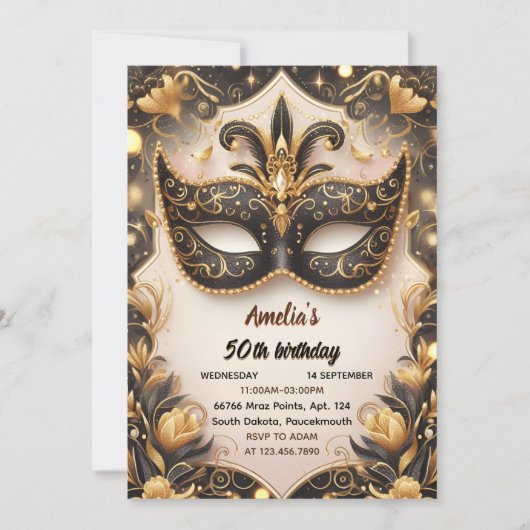 Diese Tutu Black Gold Chic Masquerade 50. Geburtst Einladung (Vorderseite)