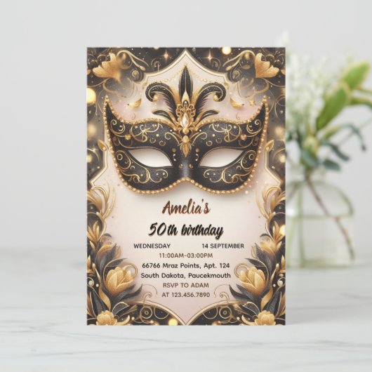 Diese Tutu Black Gold Chic Masquerade 50. Geburtst Einladung (Stehend Vorderseite)