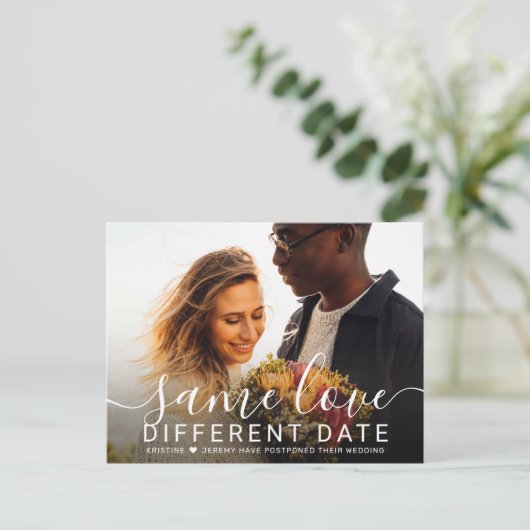 Dieselbe Liebe anderes Datum Foto verschoben Hochz Ankündigungspostkarte (Stehend Vorderseite)