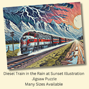 Dieselzug im Regen bei Sonnenuntergang Puzzle