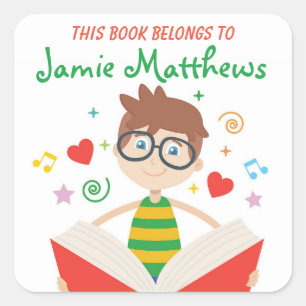 Dieses Buch gehört Cartoon-Jungen-Lesung Quadratischer Aufkleber