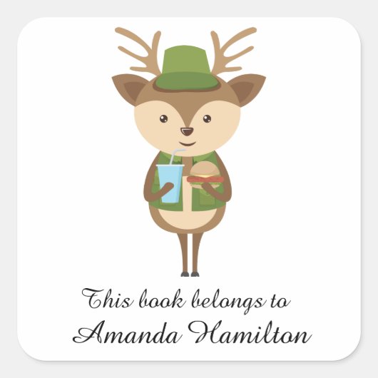Dieses Buch gehört Niedlich Hungry Fawn Quadratischer Aufkleber (Vorderseite)