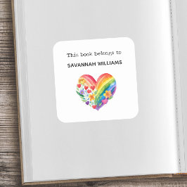 Dieses Buch gehört zu Bookplate Regenbogen Herz Ki Quadratischer Aufkleber