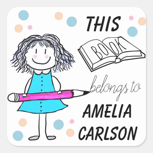 Dieses Buch gehört zu Cartoon Girl Custom Quadratischer Aufkleber (Vorderseite)
