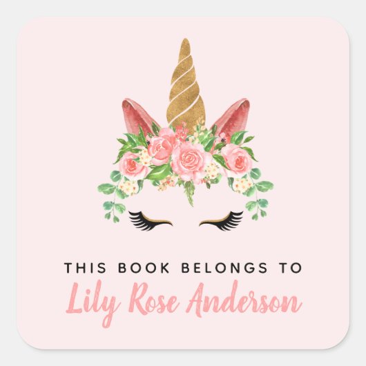 Dieses Buch gehört zu rosa Einhorn-Buchzeichen Quadratischer Aufkleber (Vorderseite)