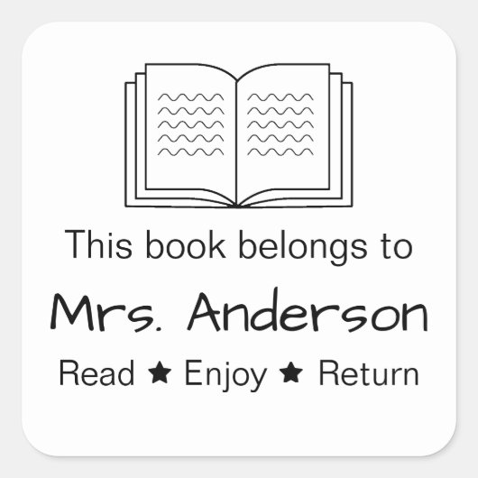 Dieses Buch gehört zum Lehrernamen Lesen und Zurüc Quadratischer Aufkleber (Vorderseite)