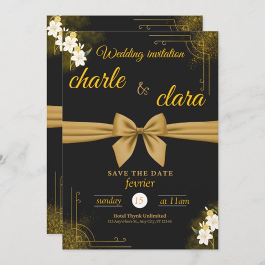 Dieses Hochzeitsdesign mit Schwarz und Gold Einladung (Vorne/Hinten)