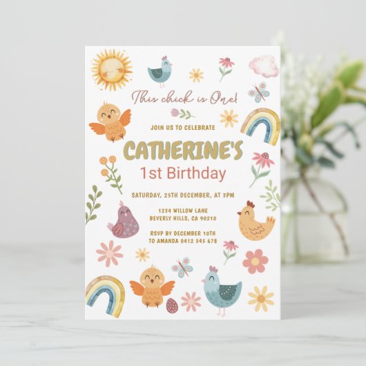 Dieses Küken wird Eins 1. Geburtstag Einladung (Stehend Vorderseite)