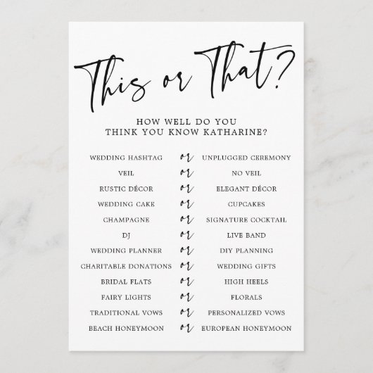 Dieses oder jenes, das das Brautparty Game kennt Einladung (Vorderseite)