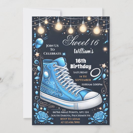 Dieses schicke Schuhmädchen Sweet 16 Sneaker Ball Einladung (Vorderseite)