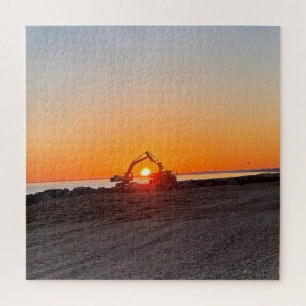 Digger und Truck Framing Sonnenuntergang am Meer Puzzle