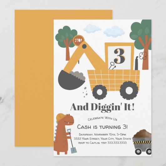 Diggin' It Construction Theme Geburtstagsfeier Einladung (Vorne/Hinten)