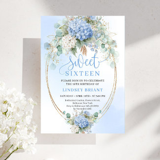 Digital Blue Floral Gold Sweet Sixteen Celebration Einladung