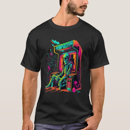 Digital Bones Skeleton in Arcade Machine EDM Desi T-Shirt (Vorderseite)