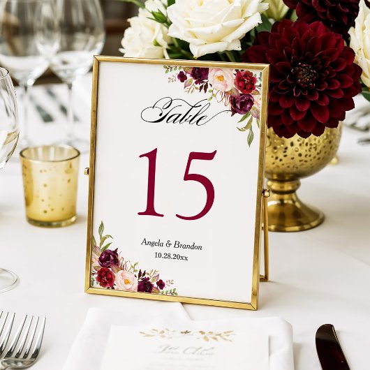 (Digital) Burgund Floral Wedding Tischnummer