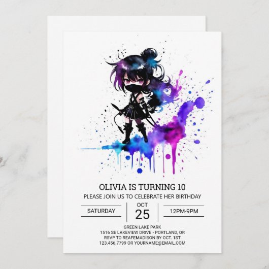 Digital Elegant Ninja Girl Birthday Einladung (Vorne/Hinten)