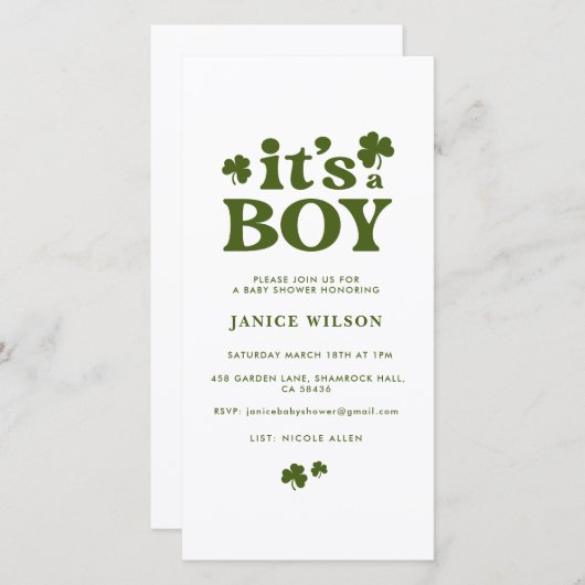 Digital Evite its a Boy St. Patrick's Day Baby Ankündigung (Vorne/Hinten)