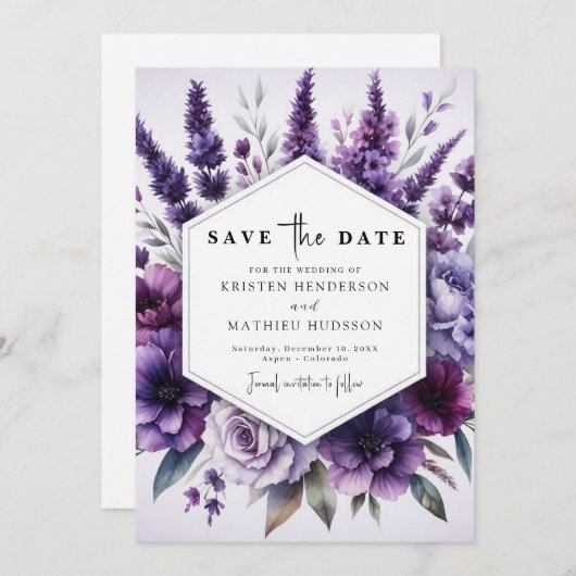 Digital Florals Lila Blumenhochzeit Save The Date (Vorne/Hinten)
