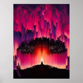 Digital Glitch Sunset Horizon Poster