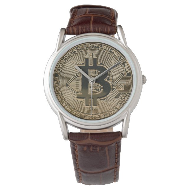 Digital Gold Bitcoin Logo Classic Brown Leather Armbanduhr (Vorderseite)