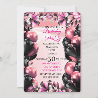 Digital Let's Party Pink Glitter Balloons Birthday Einladung