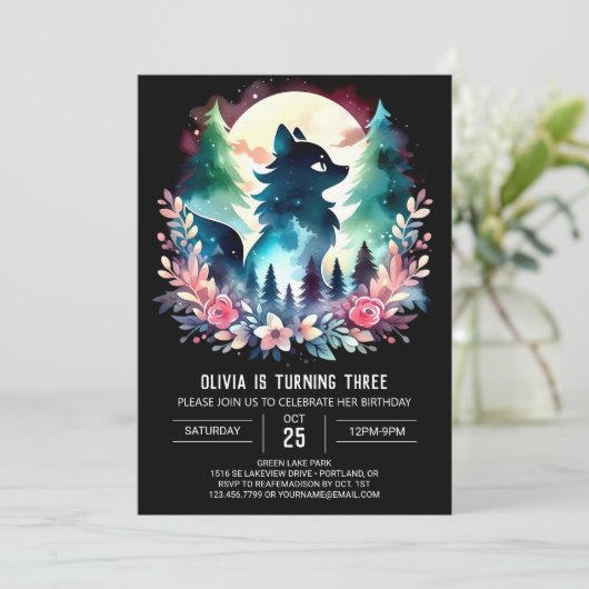 Digital Magical Wolf Birthday Einladung (Stehend Vorderseite)
