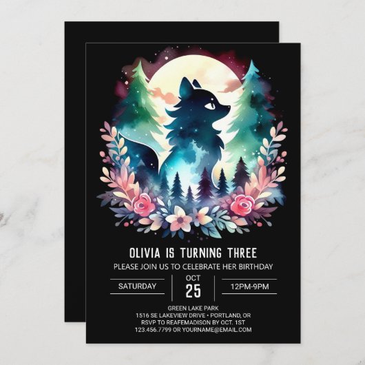 Digital Magical Wolf Birthday Einladung (Vorne/Hinten)