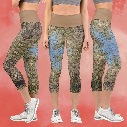 Digital Mandala Gelb und Blau Capri Leggings