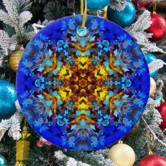 Digital Mandala Gelb und Blau Keramik Ornament