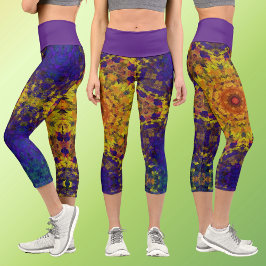 Digital Mandala Yellow Blue und Lila Capri Leggings