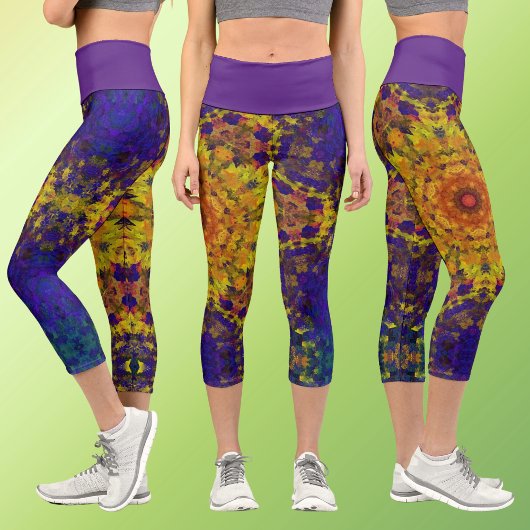 Digital Mandala Yellow Blue und Lila Capri Leggings