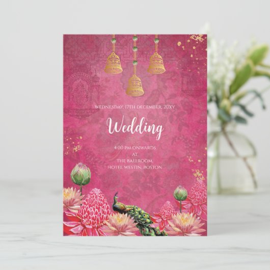 Digital Peacock Hochzeit Einladung Indische Hochze (Stehend Vorderseite)