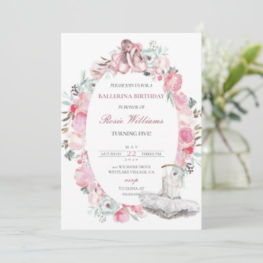 Digital Pink Ballerina Girl Einladung zum Geburtst (Stehend Vorderseite)