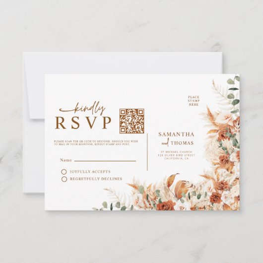 Digital Rustic Terracotta Floral QR Code Wedding  RSVP Karte (Vorderseite)