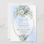 Digital Script Dusty Blue Peonies Sweet Sixteen  Einladung (Vorderseite)