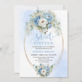 Digital Script Dusty Blue Peonies Sweet Sixteen  Einladung (Vorderseite)
