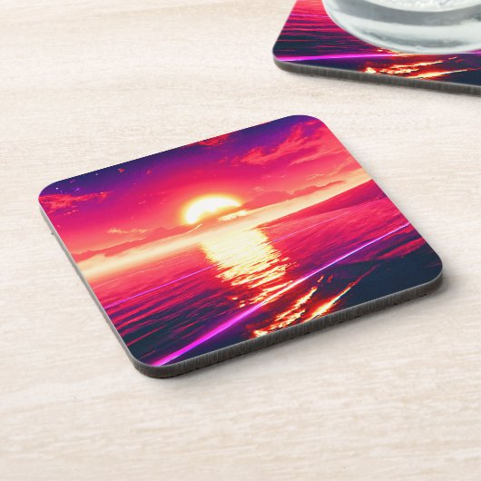 Digital Synthwave Sunset Sea Reflection Getränkeuntersetzer (Linke Seite)
