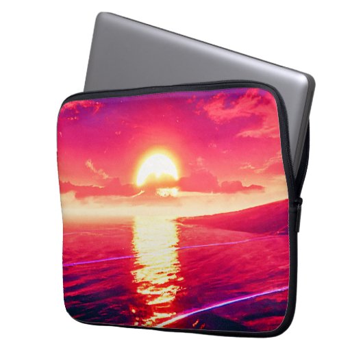 Digital Synthwave Sunset Sea Reflection Laptopschutzhülle (Vorderseite Links)
