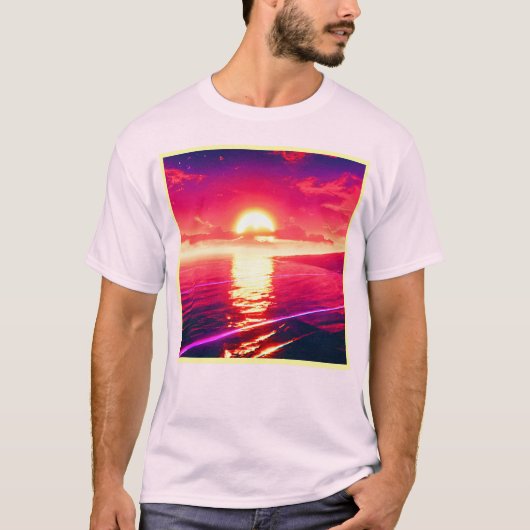 Digital Synthwave Sunset Sea Reflection T-Shirt (Vorderseite)