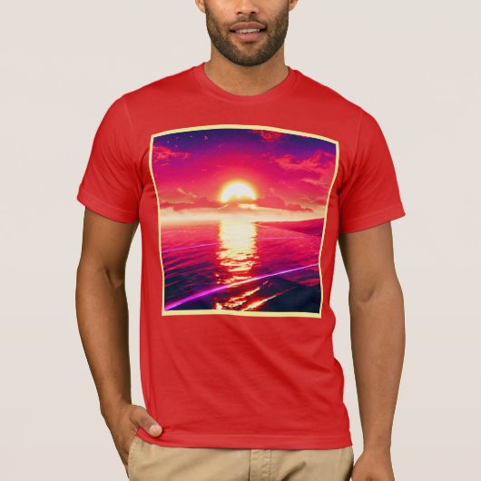 Digital Synthwave Sunset Sea Reflection T-Shirt (Vorderseite)